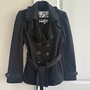 Sebby Black Sweatshirt Knit Double Breasted Belted Jacket Silver Buttons - SZ L